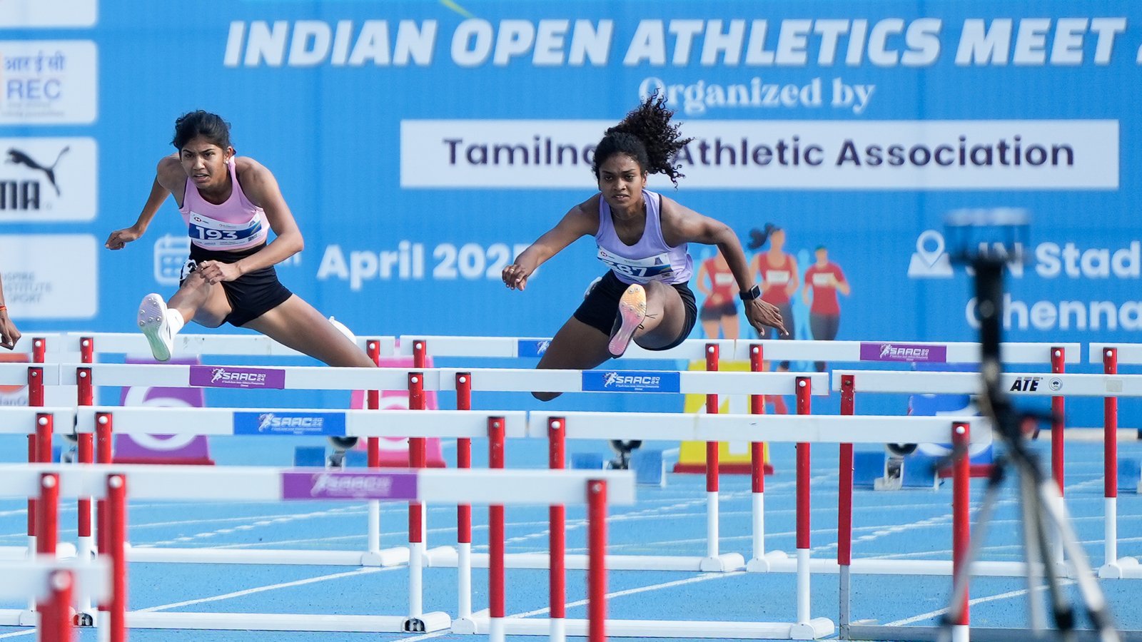 Hurdlers at full stretch, Indian Open Athletics Meet